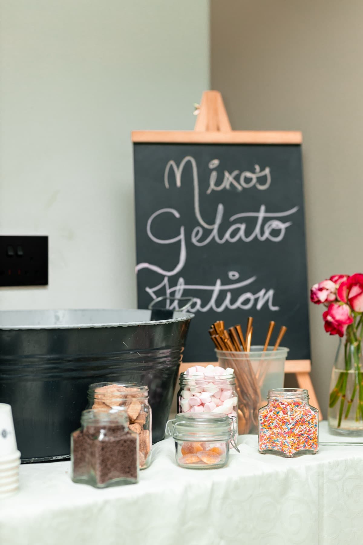 A styled gelato station prepared for guests
