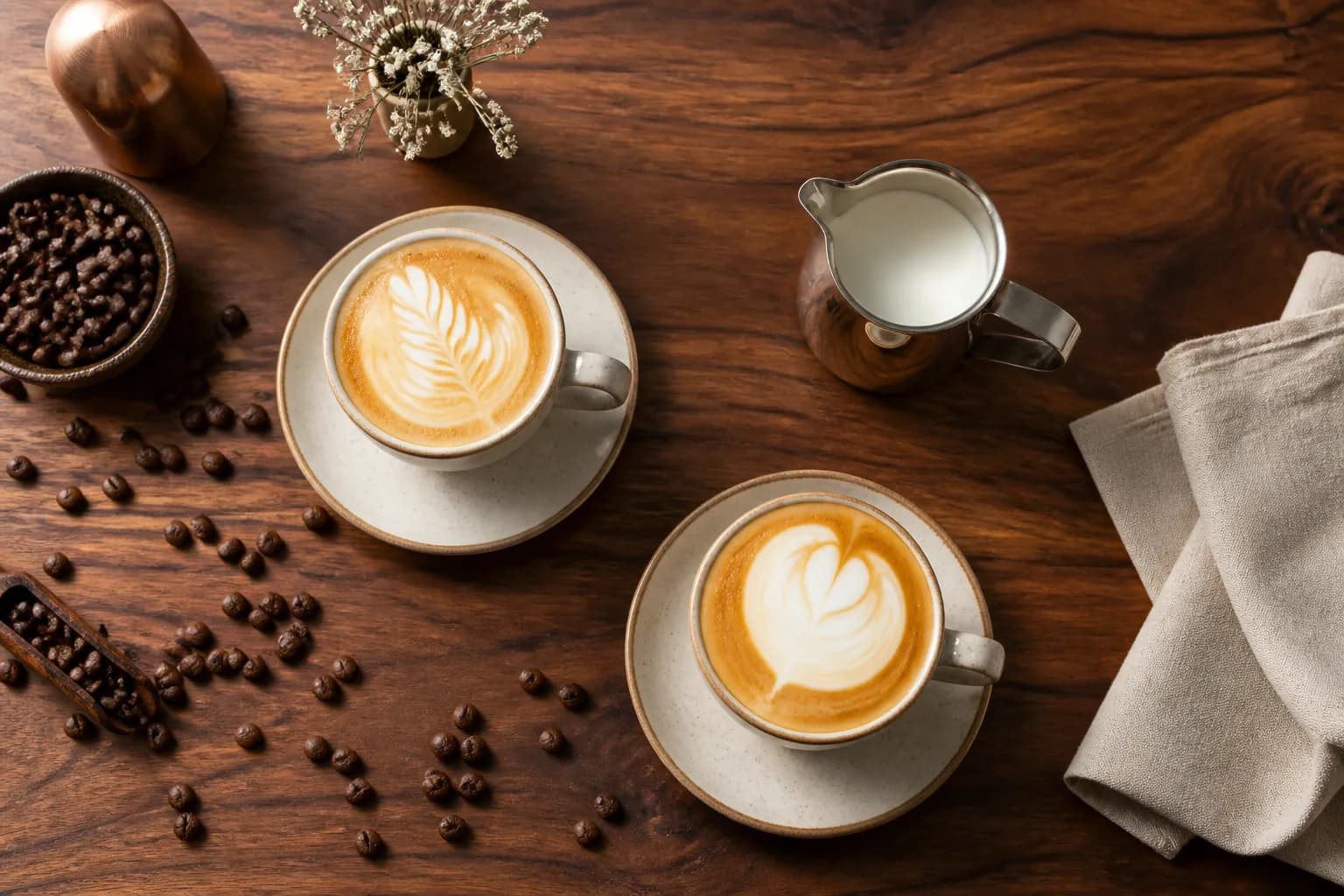 Two latte-art coffees arranged for event service on a walnut table